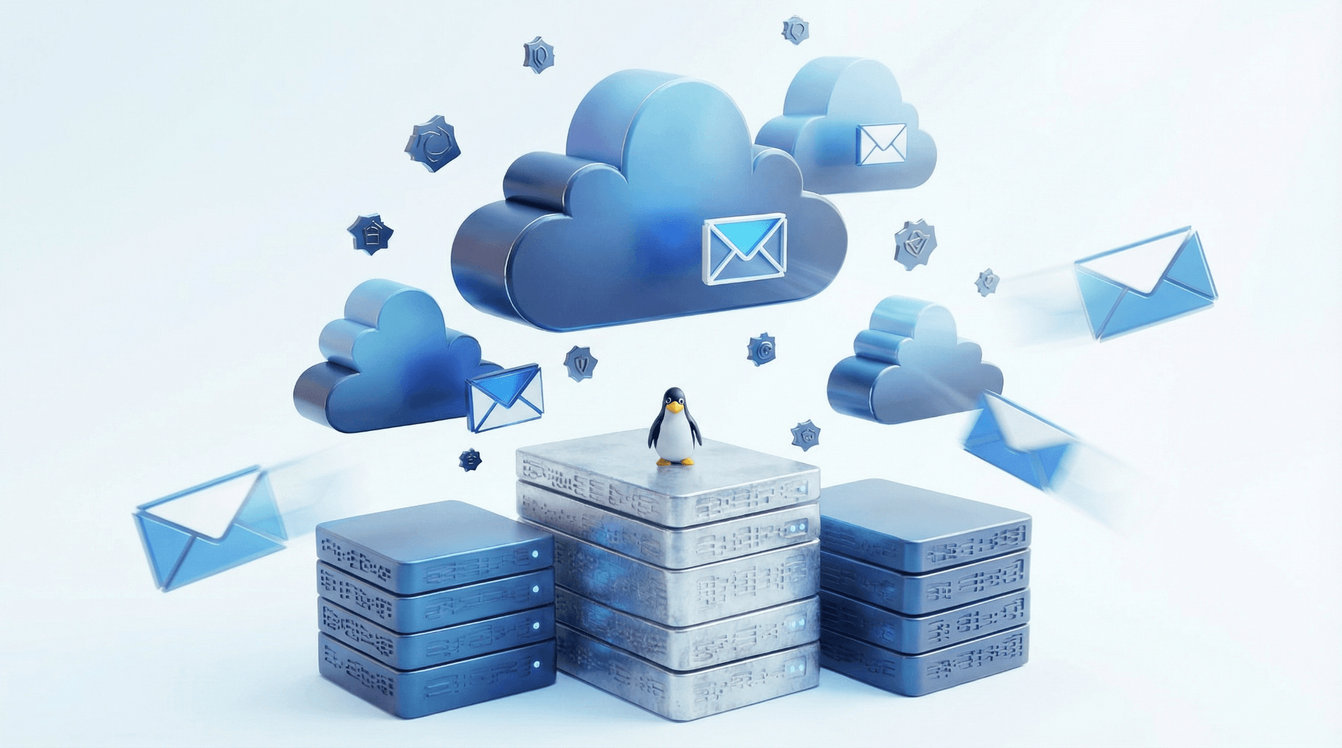Ilustração 3D representando infraestrutura cloud com servidores, nuvens e pinguim Linux - UNODATA